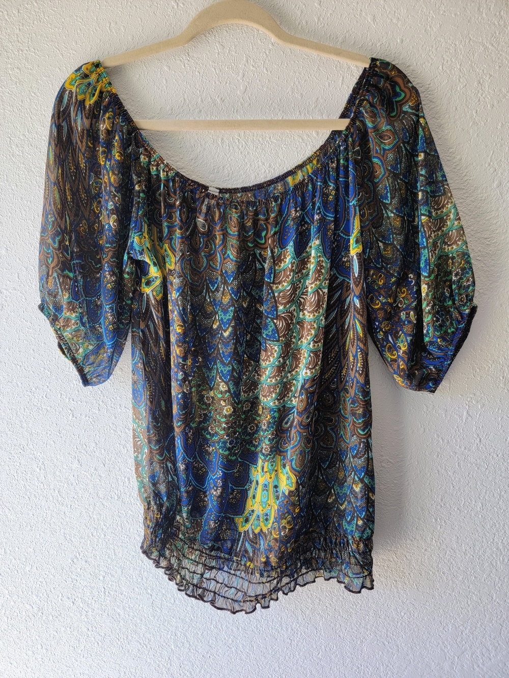 Full Tilt Sheer Paisley Off-Shoulder Top in Blue, Green and Yellow